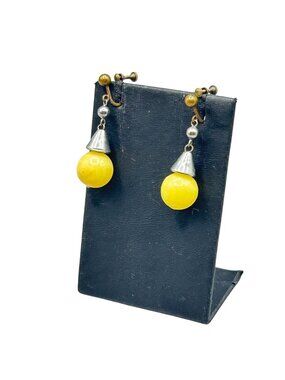 Vintage UV Reactive Earrings Machine Age Screw Back Dangles Glowing Glass Ball D